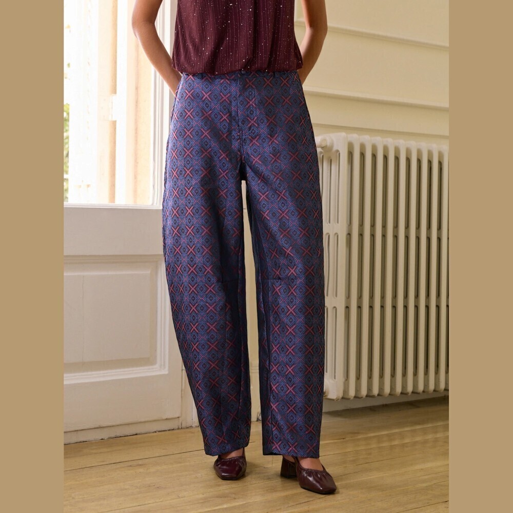 Navy Blue Diamond Geometric Jacquard Wide Barrel Leg Trousers